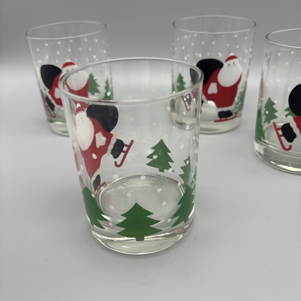 Vintage Set of 4 Crate and Barrel Ice Skating Santa Double Old Fashioned Glasses - Picture 3 of 7
